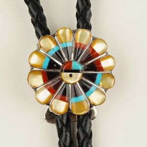 Zuni Native American Bolo Neck Tie Silver Plate Turquoise Coral Mother of Pearl